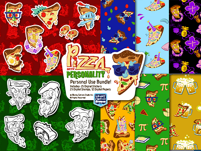 Pizza with Personality adobe illustrator beer character design custom brushes expression illustration ios app logo pepperoni pizza repeating pattern seamless pattern sticker typography unicorn vector