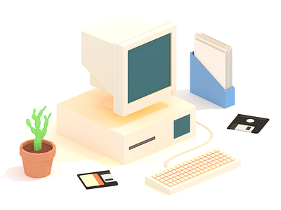 Old Computer 3d cactus computer floppy disk illustration low poly lowpoly plant