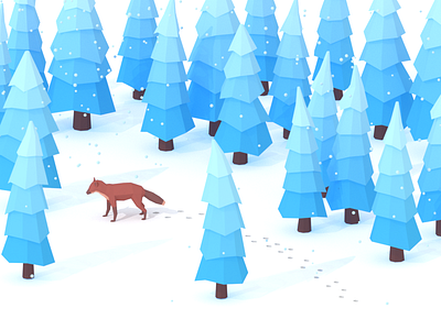 Early Morning Walk 3d blender blue forest fox illustration low poly lowpoly minimalist pine trees snow winter