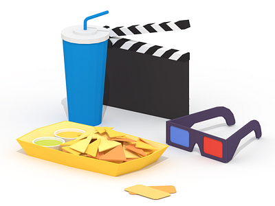 Movie Essentials 3d 3d glasses asset pack blender film glasses illustration low poly lowpoly minimalist movie movie essentials nacho nachos soda ticket tickets