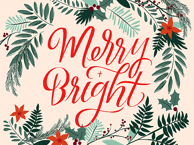 Merry + Bright Christmas Card + Print Design christmas christmas card garland greenery greeting card hand lettering holiday merry and bright typography