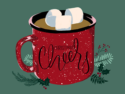 Cheers Mug Christmas Card + Print Design cheers christmas christmas card greenery greeting card hand lettering holiday hot chocolate marshmallow mug typography