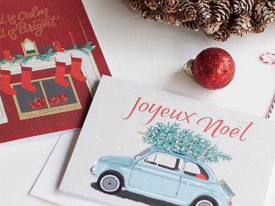 Christmas Card Collection 2018 christmas christmas card design fiat fireplace greenery greetingcard handlettering holiday holiday card holiday illustration illustration joyeux noel lettering mantle