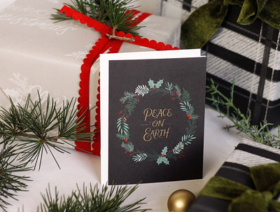 Peace On Earth Card + Wrapping Paper christmas card christmas cards gift wrap greenery holiday card holly ivy lettering merry christmas peace peace on earth plaid wrapping paper wrapping sheet wreath
