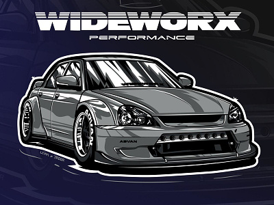 Lada Priora Wideworks performance car illustrator ink print racing rims stance vector