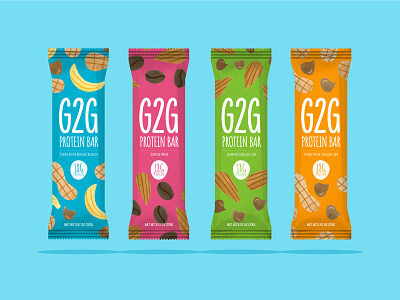 G2G Protein Bars Packaging Concept almond bar chocolate colorful food graphic design health illustration nut packaging peanut playful protein bar