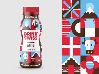 Drink Swiss Packaging bottle chocolate colorful cow design flat geometric grid milk packaging pattern ski swiss switzerland vector