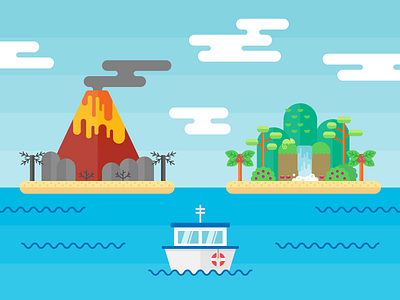 SUSE Ad Illustration beach boat colorful flat illustration island ocean palm tree paradise sky vector volcano