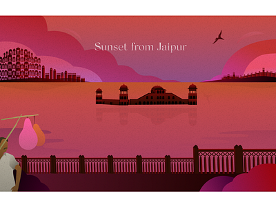 Sunset from Jaipur art balloon hawa mahal illustration india indian jaipur jal mahal