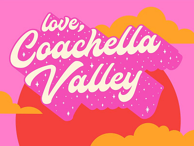 Love, Coachella pink postcard retro typography