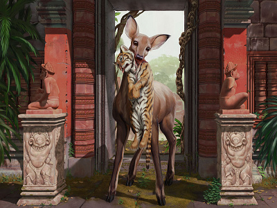 Role reversal deer illustration jungle painting temple tiger