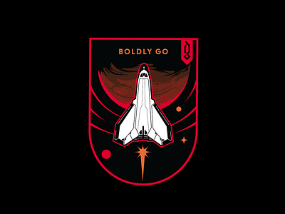 Boldly Go badge badge logo black graphicblack icon merch mission planet shield solar system space art space shuttle spaced spaceman spaceship sport stars sun tshirt universe