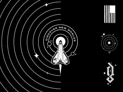 Discover New Worlds black branding design graphicblack icon illustration logo merch merchandise rocket sci fi science shirt space spaceman stars tshirt typography vector vector art
