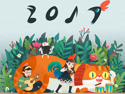 2017！happy chicken years （reissue） 2017 cat chicken happy illustration years