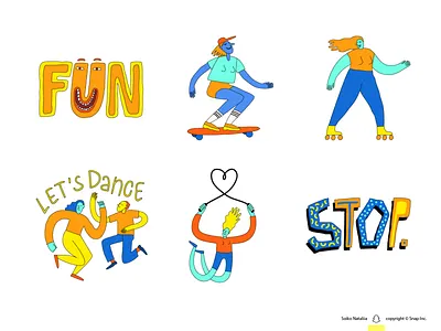 Snapchat Sticker Pack "Be Active" (part 2) 2d character colourful dancing design fun illustration play simple skateboard snapchat soiko spot illustration sticker pack sticker set stickers stop ui vector vector character