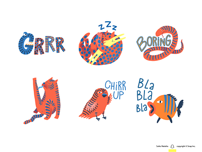 Fun Animals (part 2) - Snapchat sticker pack bird bla character characterdesign drawing fish flat illustration fun illustration rabbit set design simple snail snapchat soiko spot illustration sticker design sticker set tiger vector