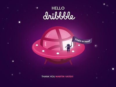 Dribbble Debut cosmos debut dribbble first shot hello illustration invite spaceship thanks