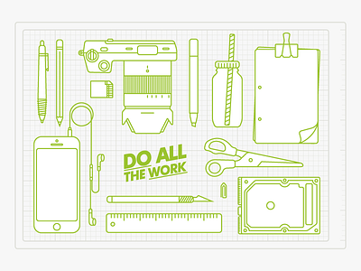 Do All The Work camera cut design do all the work earbuds freshlikehell harddrive illustration iphone marker milk minimalistic office paper pen pencil ruler scissors sd card sony nex ssd work