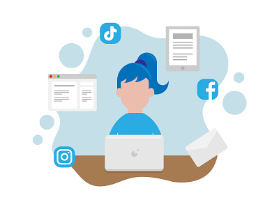 Laptop Marketeer Illustration for Business Cover Expert blue business business concepts illustration marketing marketing agency pastels platforms social media