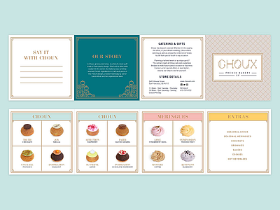 Choux Bakery Accordion Fold Menu bakery brand branding dessert detailed food food and drink food photography french layout linework luxury menu design pastel pastry shop