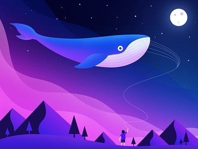 Whaleinthesky flat illustration imagination night red whale