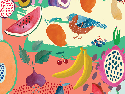 Fruit pattern banana bird bird illustration color colors fruit pattern fruits mango illustration melon pattern