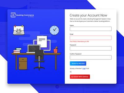 Booking Commerce Sign up Page booking booking commerce commerce desk ecommerce form illustration login sign up signup webkul
