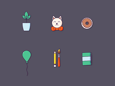 Icon set ball cat food icons illustration inspiration notebook pen set tassel vase