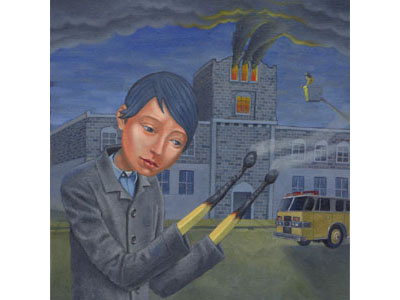 Shame oil painting smoke shame blue hair fire engine fire truck building fire match hands