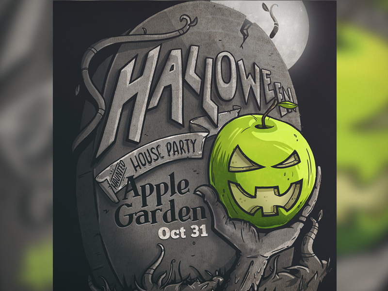 Applegarden Crop halloween apple grave illustration flyer poster party event gravestone tombstone typography jack-o-lantern
