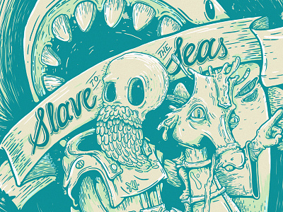 Slave To The Seas banner beard drawing gig poster horse horseback illustration ocean poster ride sea seahorse seas shark skeleton sketch skull slave typography water