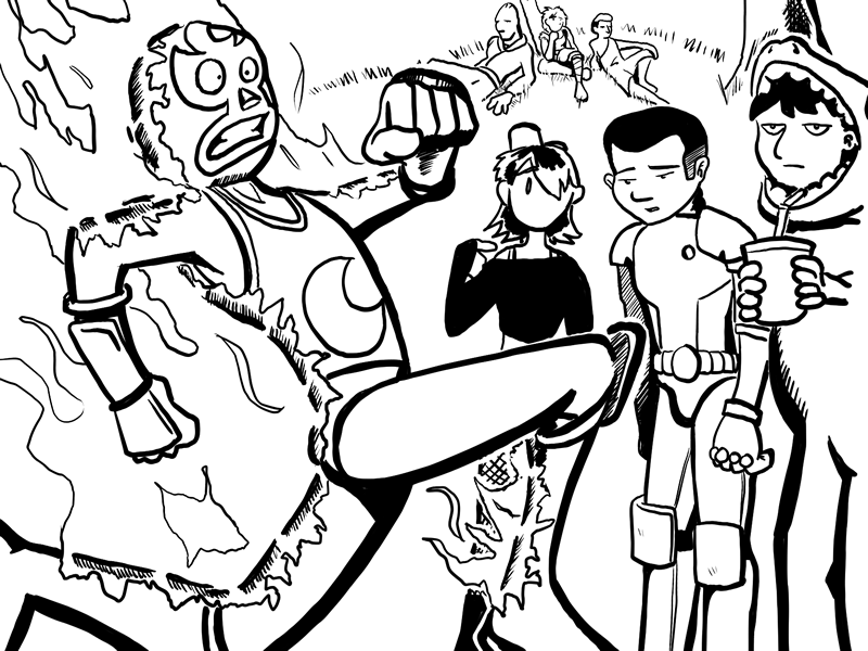 Promo 1 Inks cartoon comic fire illustration kid armor junior lunar luchador t-rex lad trouble ii webcomic