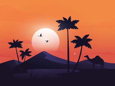 A Little Oasis Under the Hot Sun birds calm camel desert hot illustration landing landingpage life madebymarko oasis palms palmtree star sun sunset uidesign vector warm colors warmth