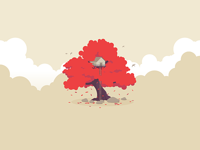 Tree House birds clouds house icon icon a day illustration leaf leafs nature orange rocks tree