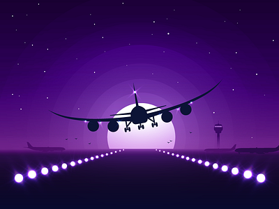 Long journey airplane control tower icon a day landing lights plane purple sky stars travel