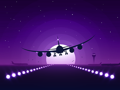 Long journey airplane control tower icon a day landing lights plane purple sky stars travel