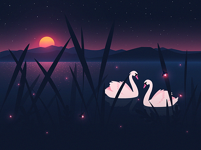 Warm summer night fireflys illustration lake love madebymarko mood reflection stars sunset swans vector warm