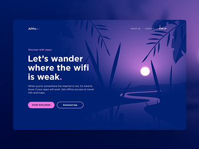 Landing page for Travel App app app design art exploration explore forest gradients illustration jungle landing page concept mystery purple river shades sunset travel app traveling vector wander webdesign