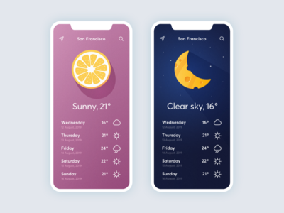 Weather App app application cheese cold concept flat fruit illustration orange rain stars sunny ui design user interface ux warm weather weather app weather forecast