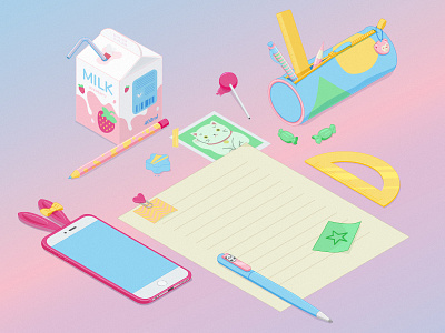 kawaii stationery anime candy cute girly gum illustration iphone isometric illustration isometry kawaii lucky cat pastel colors pen pencil qute retro rule stationery strawberry milk trinket