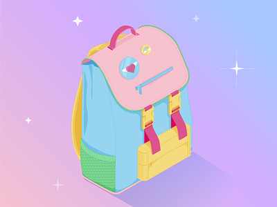 backpack anime artwork backpack cute girly isometric illustration isometry kawaii pastel colors school