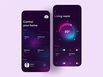 Smart Home Challenge application branding color dark dashboard design glassmorphism home illustration ios minimalism mobile mobileapp neon pink smart smarthome ui ux