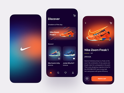 Nike shop app application blue branding cart colorfull colors design ecommerce gradient green mobile nike nike shoes orange ui ux vector