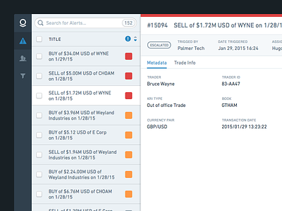 Trader Oversight Dossier alert app dashboard data enterprise flat layout list minimal panel sidebar ui