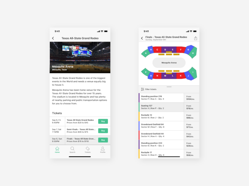 Stadium App | Event Screens app arena clean event filter ios iphone mobile sports stadium tickets