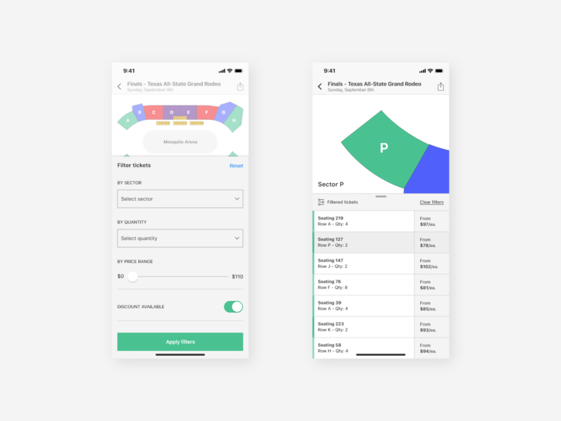Stadium App | Filter & Results Screens app arena clean event filter ios iphone mobile section sports stadium tickets