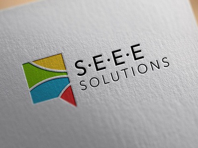 SEEE Solutions blue green logo mockup paper texture red retail yellow