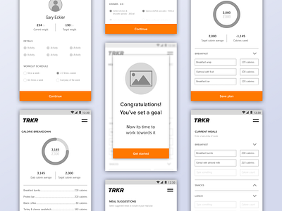 TRKR App - Wireframes android app design mobile design product product design tracker ui ux design weight loss workout app