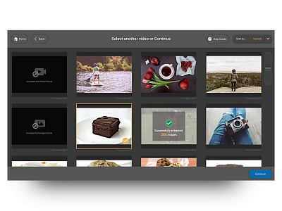 Unsupported Video format, Unsupported Image Format dark grid icons keyframe extraction kiosk interface layout photo album select select video simple ui design unsupported format