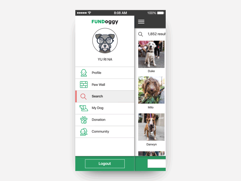 App UI / FUNDoggy / My dog dogs go to page input interactions layout menu new post organize by personal page search select ui design